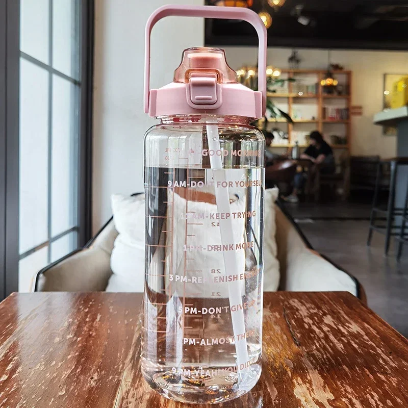 2 Liters Plastic Kettle Large Portable Travel Water Bottle with Straw Sports Fitness Cup High Value Big Fat Cup Adult Universal