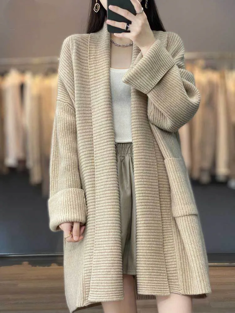 

Korean Fashion V-Neck Long Sweater Cardigan For Women Clothing Autumn Coat Loose Casual Lazy Wind Outside Wear Knitted Top S-XXL