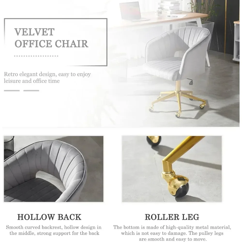 "wheeled grey velvet vanity chair with back support, suitable for home office, living and bedroom settings"