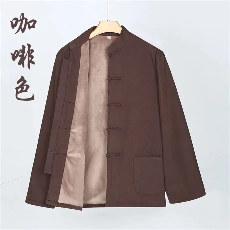 Tang Suit Men Coat Autumn Winter Hanfu Pocket Stand Collar Jacket Disc Buckle Solid Outerwear Chinese Clothes