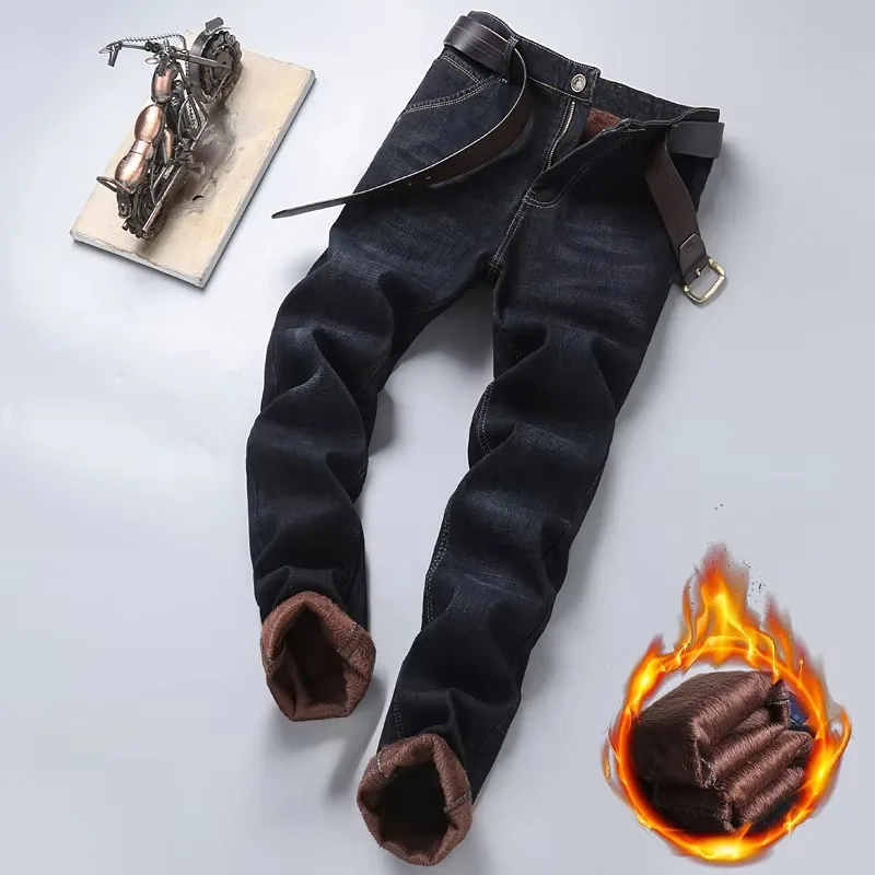 2024 Winter New Casual Men's Warm Fleece Jeans Classic Style Business Thicken Fur Regular Fit Denim Pants Brand Plush Trousers 4