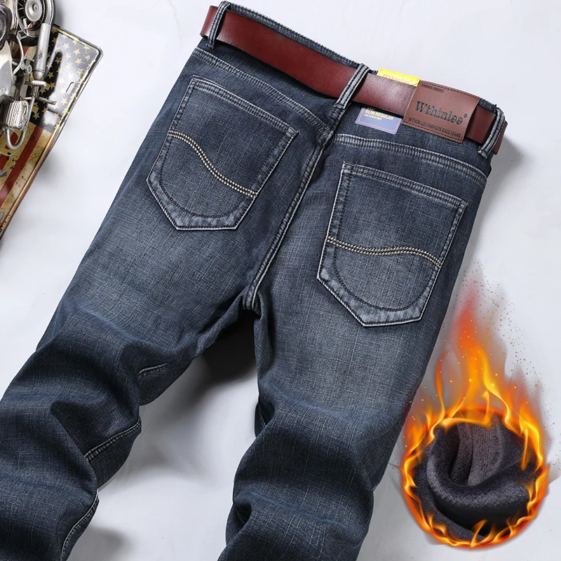 WTHINLEE Winter Thermal Warm  Fleece Thick Warm Men's Jeans Winter Stretch Straight Denim Plush Pants Classic Casual Trousers 2