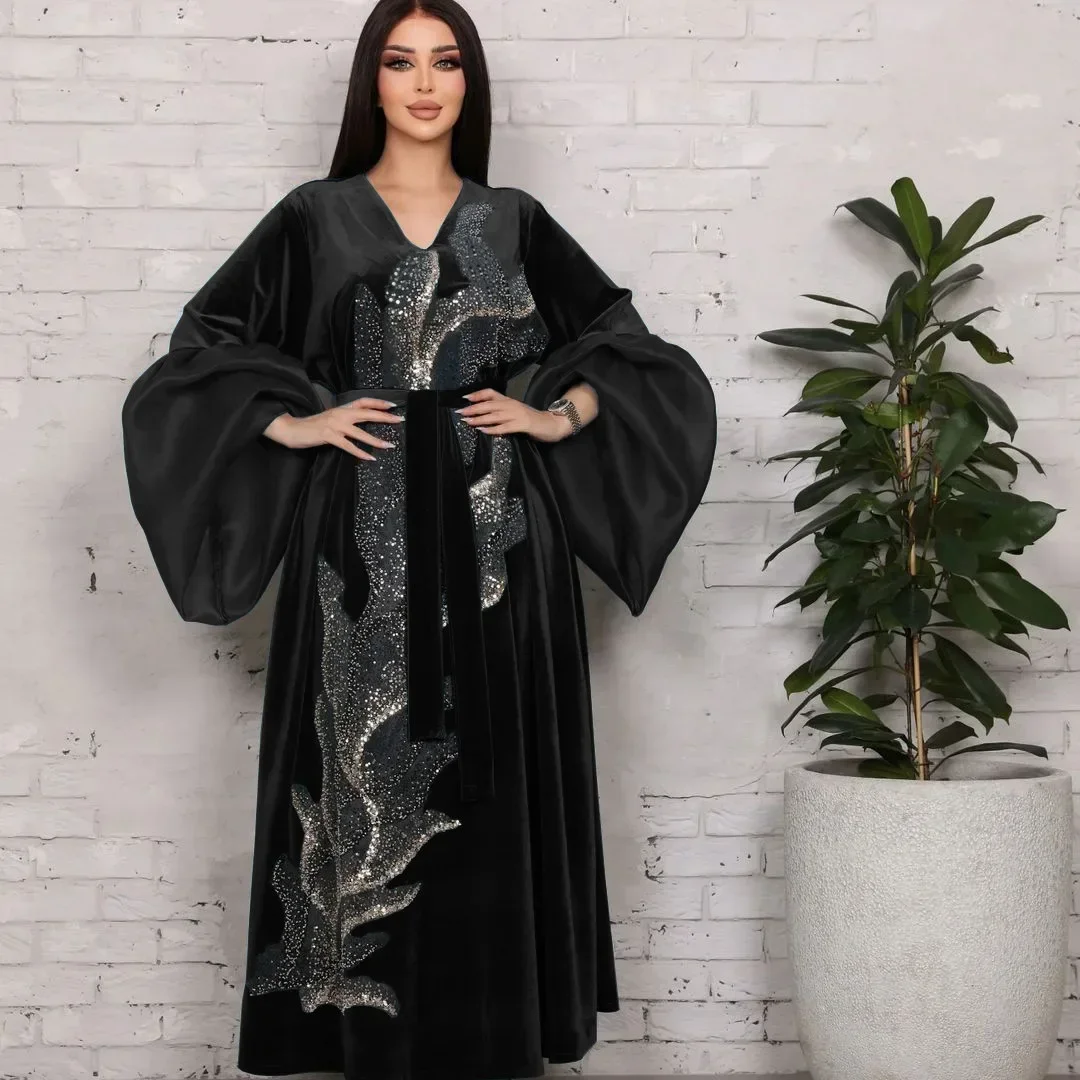 Velvet Autumn Winter Casual Sequins Puff Sleeve V-Neck Dubai Dress with Sashes Moroccan African Women Kaftan Ramadan Abaya Femme