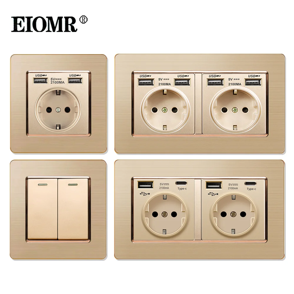 Tomadas e Interruptores Elétricos de Parede Eiomr 16a da ue Painel de Dourado de Luxo Tomada Elétrica ac 110250v Melhoria da Casa Aço Inoxidável