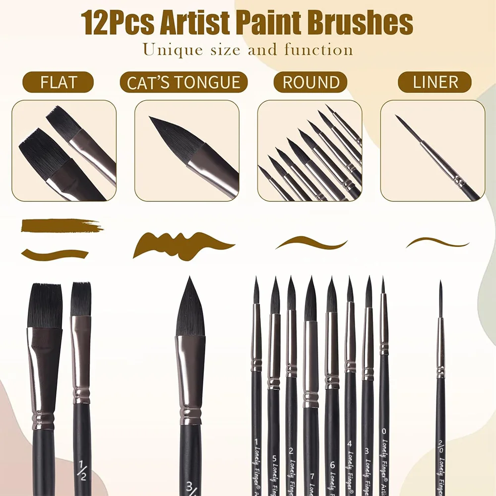Paint Brushes Set, 12pcs Synthetic Nylon Tips Artist Brush for Acrylic Oil Watercolor Gouache Artist Professional Painting 6