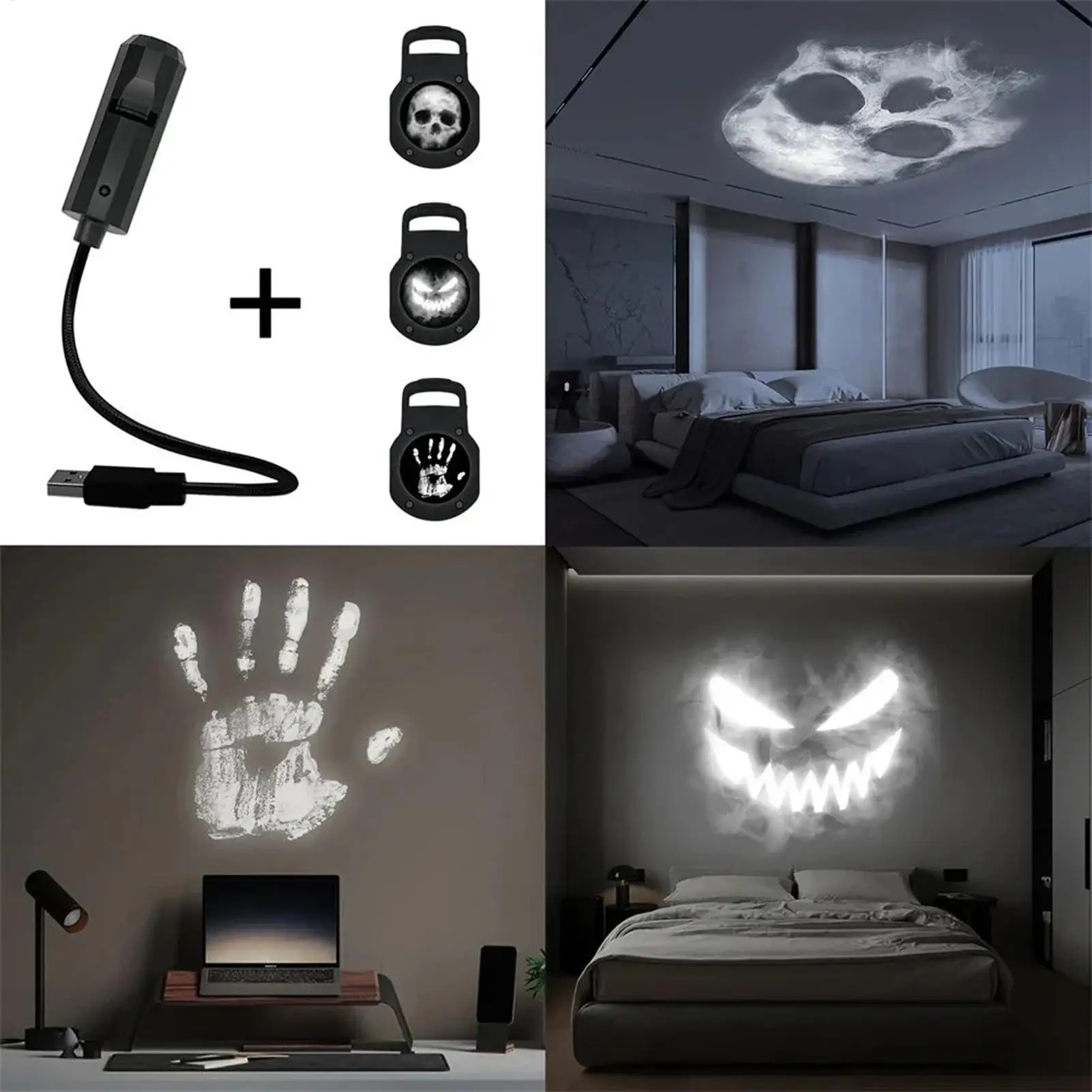 Halloween Skull Projector Lamp Magnetic 3 Modes Scary Handprint Grimace Skull Shaped LED Night Light USB Rotatable Projector
