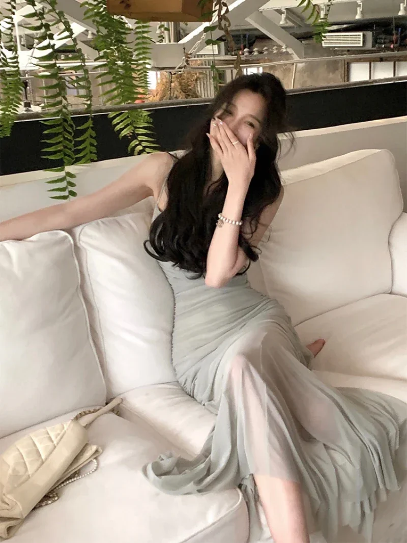 

Korean Elegant Straps Dress Women 2023 Summer New Fashion Evening Party Ladies Vintage Sexy Slim Female Dresses
