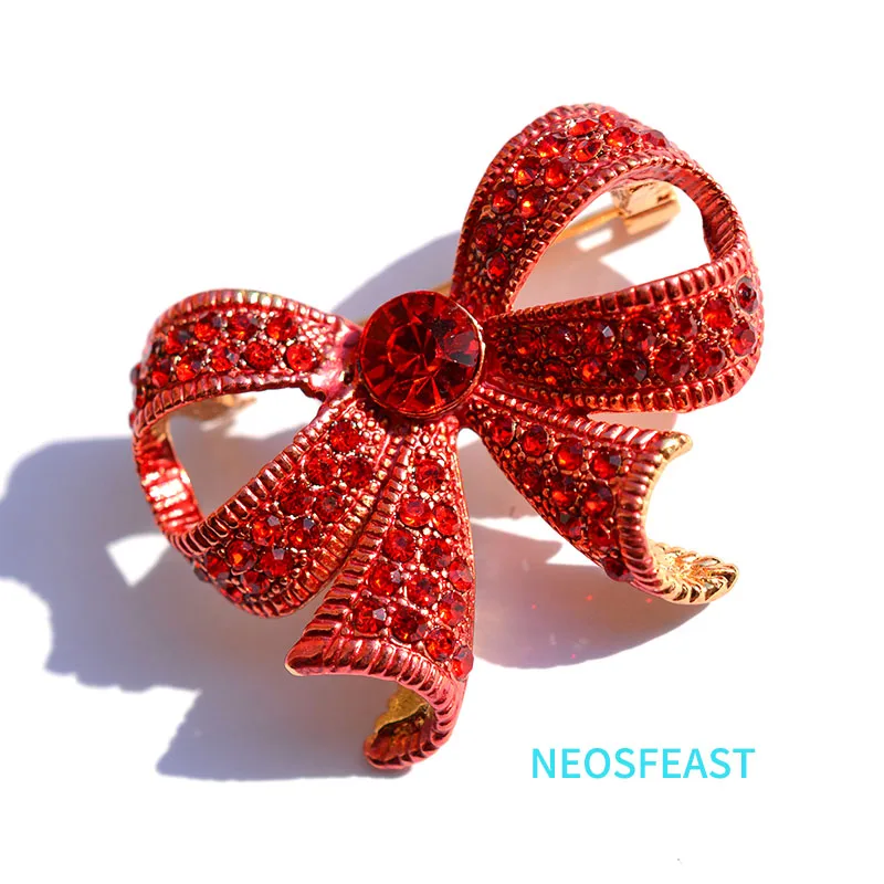 Classic Jewelry Red Color Ribbon Rhinestone Brooches for Women Elegant Enameled Pin Lady Wedding Gifts Holiday Dress Decoration