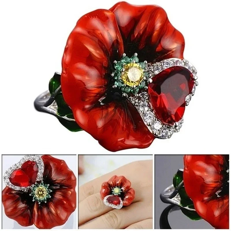 Lusso Fiore Rosso Fiore Pianta Anello Grande Zirconio Cuore Anelli Anelli Donna Donna Matrimonio Papavero Fiore Con Gioielli Cuore