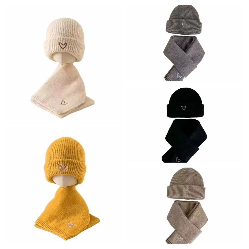 Love Heart Embroidery Knitted Hat Scarf Set Thickened Korean Style Winter Pullover Cap Anti-cold Solid Color Neck Warmer Set