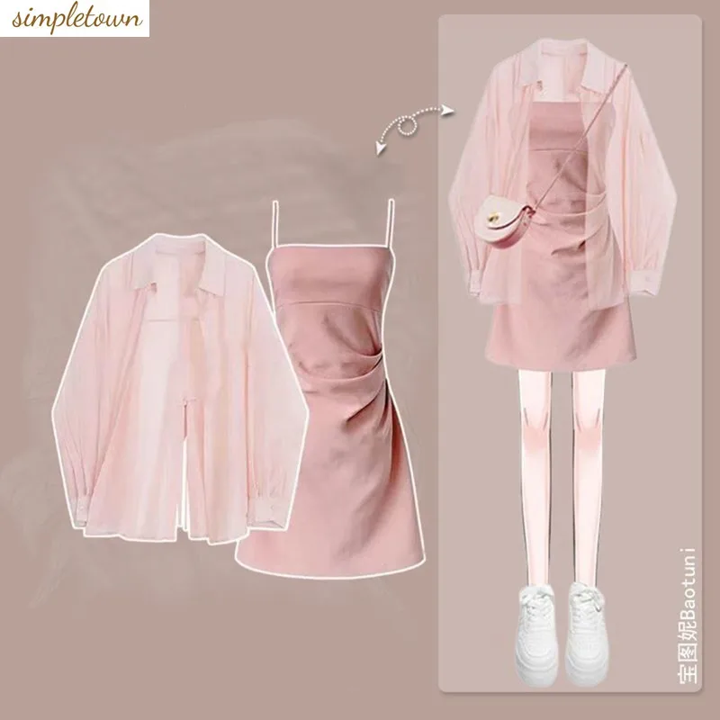 Summer Dopamine Dressing Set for Women's 2024 New Western-style Sunscreen Shirt with a Two-piece Suspender Dress japanese and korean fashion clothesnet red skirt children s 2022 new spring fashion small suit with bottom suspender dress