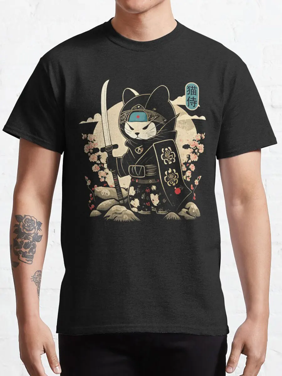 Japanische Samurai Katze Tattoo Kawaii Ninja Katze Kitty Katze Samurai Krieger Katze Baumwolle gedruckt T-Shirt plus Größe Kleidung – Detail 2