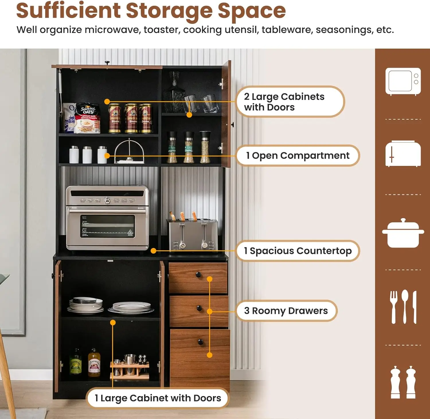 Kitchen Pantry Storage Cabinet Freestanding Buffet Hutch Doors Adjustable Shelves 3 Drawers Microwave LOKO 71&rdquo;