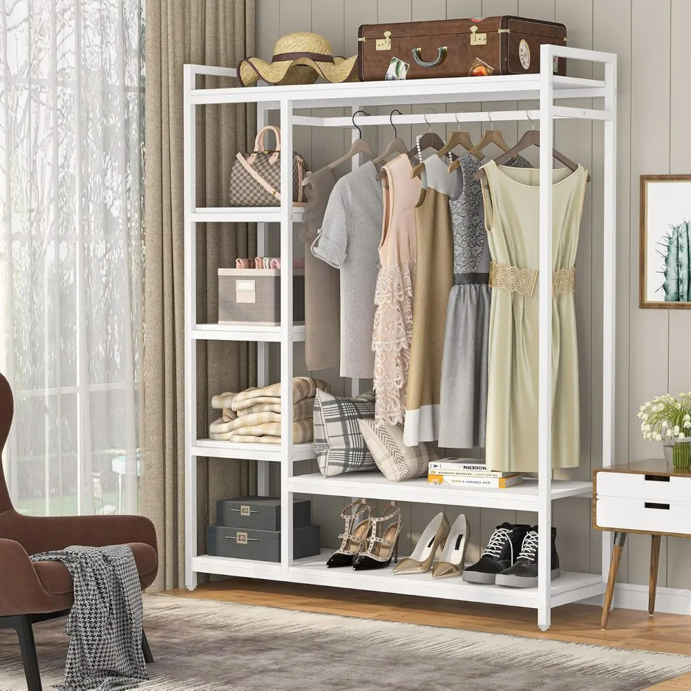 Sturdy Wooden Freestanding Clothes Closet with Shelves and Hanging Bars