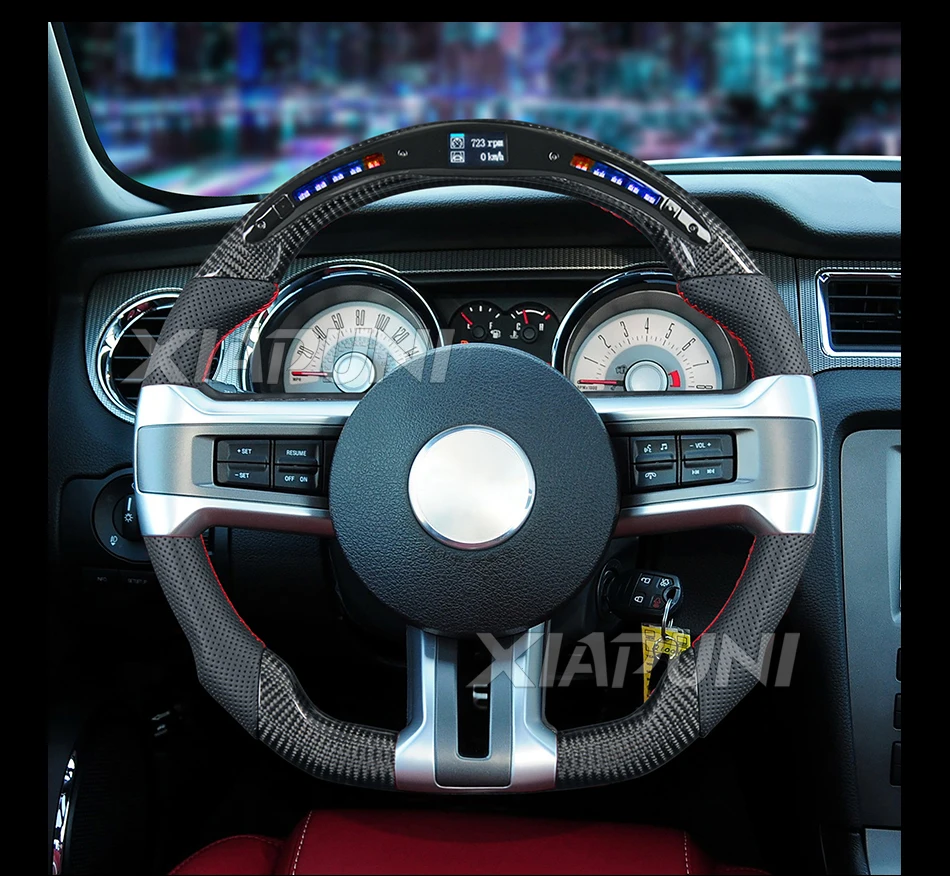 LED RPM Carbon Fiber Steering Wheel For Mustang Steering Wheel 2012-2014 Customized Red Perforated Leather Steering Wheel - Steering wheel - Racext 191