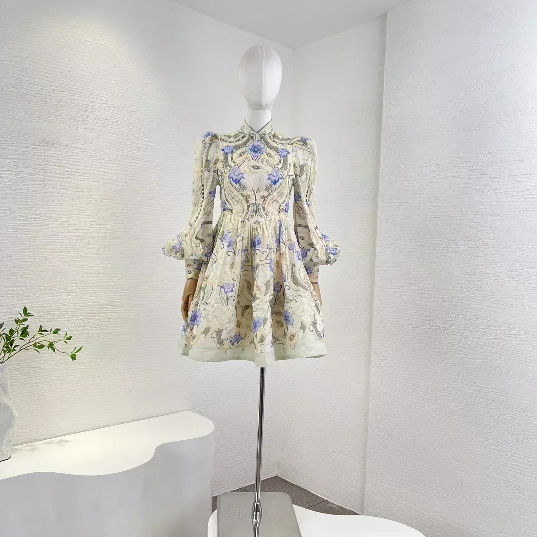 

Женское Плиссированное мини-платье с расклешенным подолом, цветочным принтом и длинными рукавами-фонариками, 2023