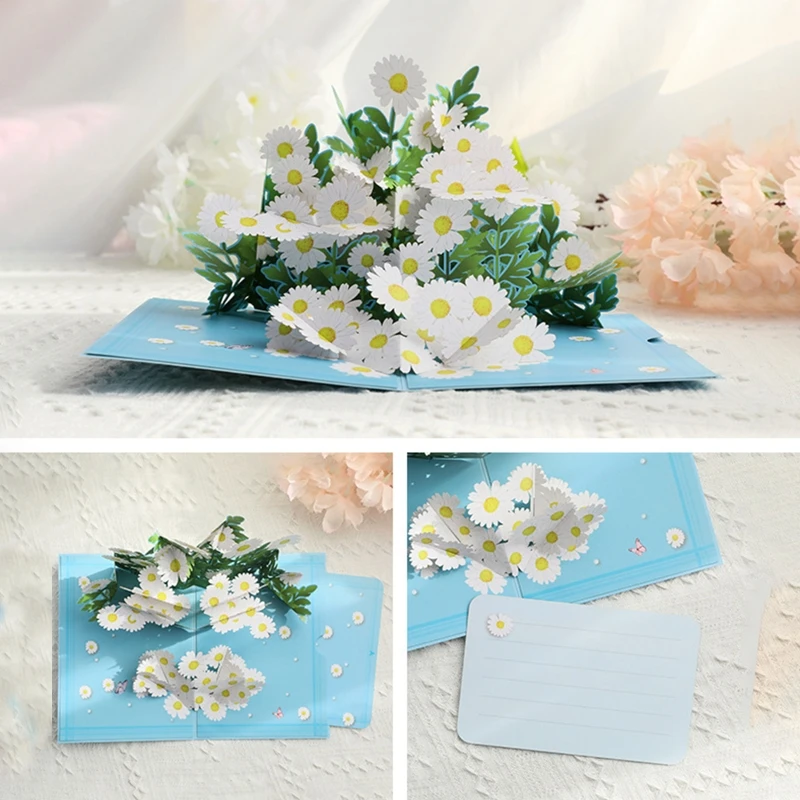 3D Pop Up Cards Daisy Flower Greeting Card with Envelope for Mom Present Women Birthday Valentine's Day Handmade Gift