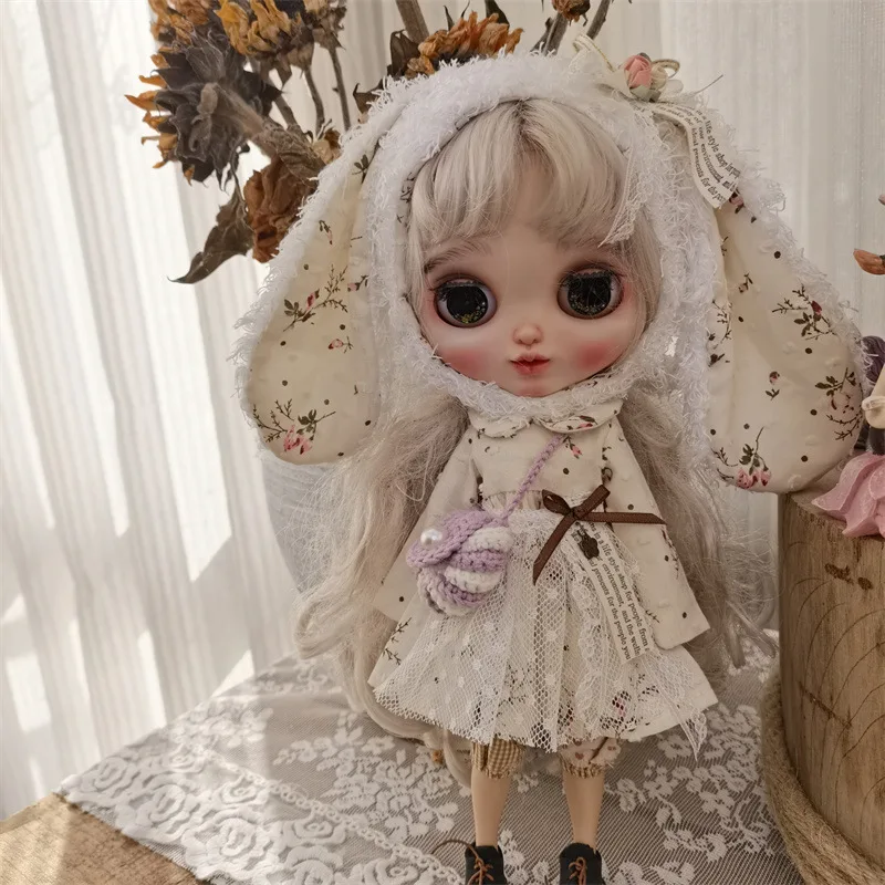 Handmade Doll Skirt Dress With Big Ear Rabbit Hat Doll Floral Patterned Dress For Blythes Ymy Licca Azones Ob24 Ob27 Fr Doll 2