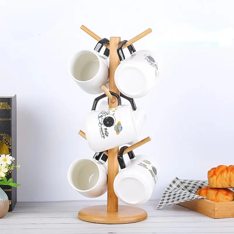Cup Hanger Mug Tree Stand Wood Dispenser Coffee Wine Glass Cups Holder