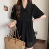Women's Korean Fashion Ruffle Patchwork Button Up Shirt Office Lady Pointed Collar Design Commute Blouse Casual Solid Loose Tops 3