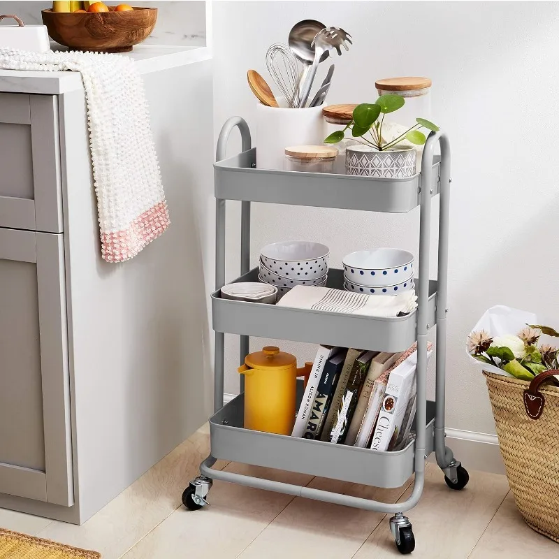 3-Tier Rolling Metal Storage Organizer Mobile Utility Cart Kitchen Cart with Caster Wheels for Bathroom Office