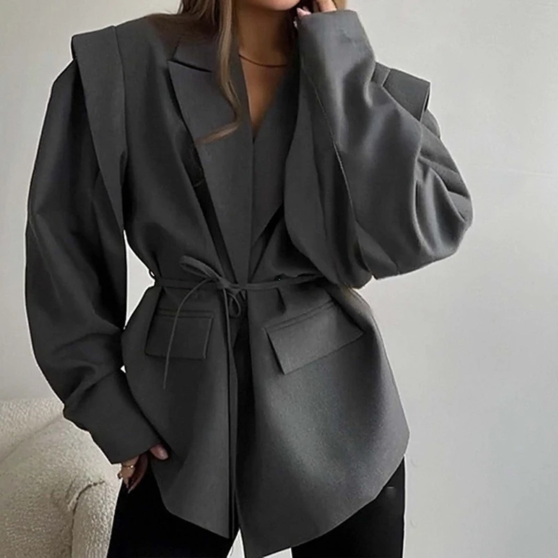 Lace Up Shoulder Pad Blazer Coat Women Elegant Turn-down Collar Long Sleeve Pockets Slim Fit Coats Chic Ladies Outerwear