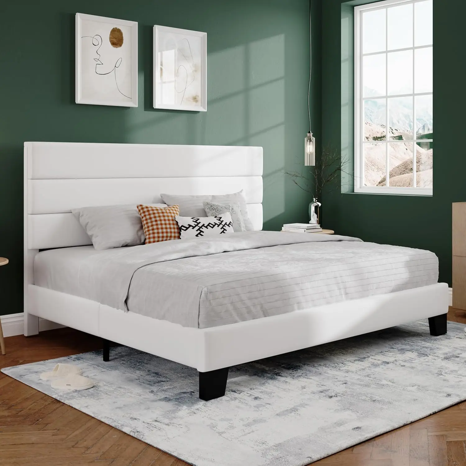 SHA CERLIN King Platform Bed Frame with Velvet Upholstered Headboard, Mattress Foundation with Strong Wooden Slats Support, No B 3