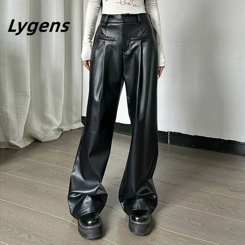

Lygens Button Zipper Solid Y2K Long Leather High Waist Wide Lags Women'S Pants Y2K Streetwear Solid Casual Winter Clothing