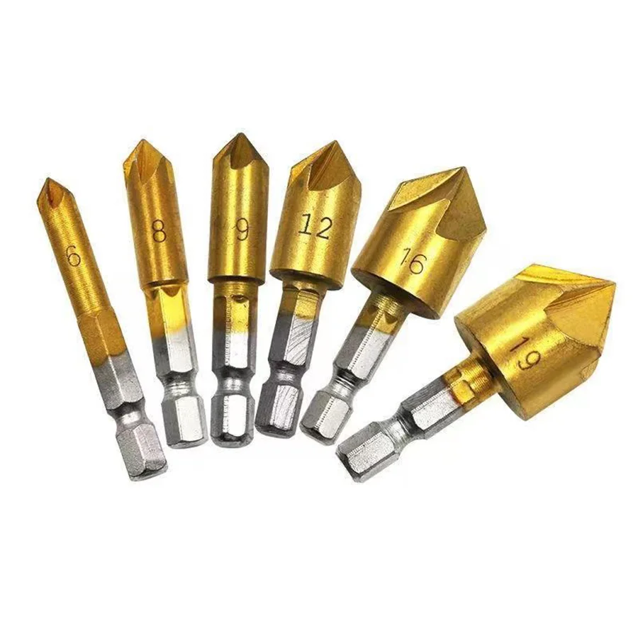 6PCS Counter Sink Drill Bit Set 1/4'' Hex Shank HSS 5 Flute Countersink