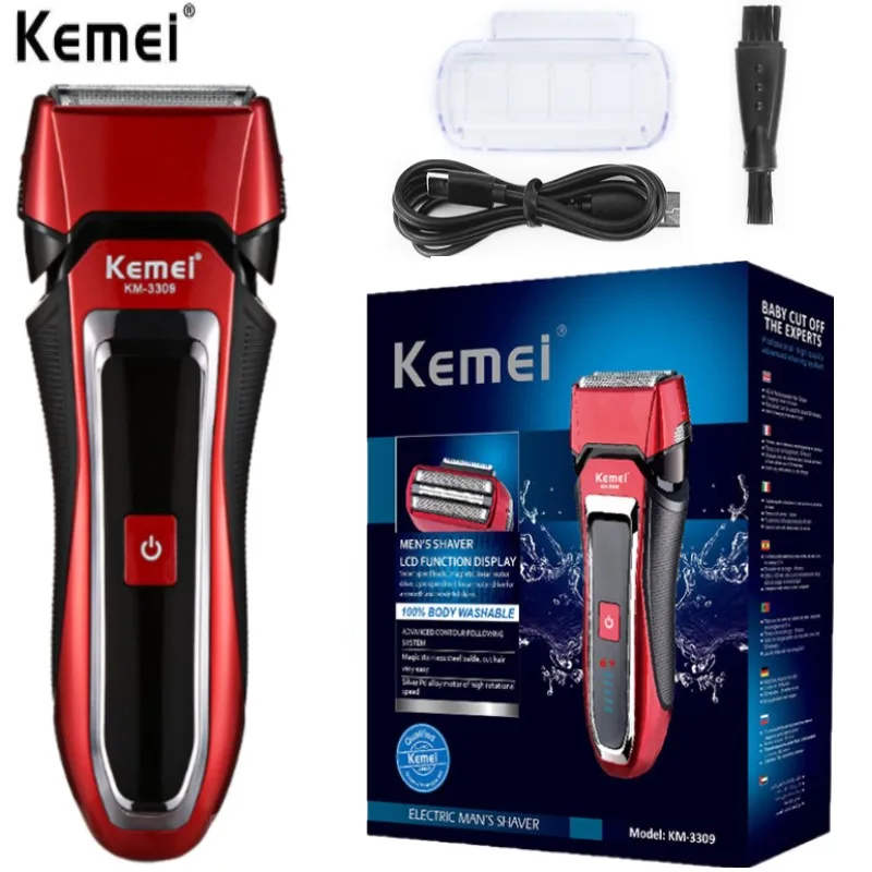 Kemei Km3309 Lavável Molhado & Seco Barbeador Elétrico para Homens Barba Barbeador Elétrico Cabeça Recarregável Máquina de Barbear Careca Sistema