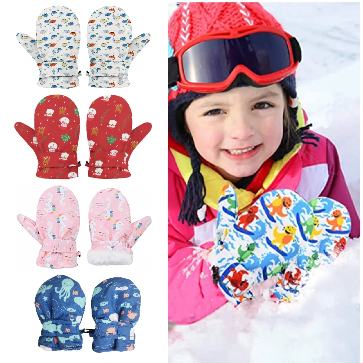 1PC Waterproof Windproof Skiing Snow Gloves For Kids Toddler Cartoon Thickened Fleece Warm Winter Baby Gloves Girls Boys 2-4Y