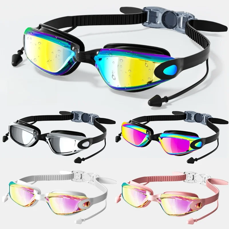 Professional Swimming Goggles with Earplugs Adult Anti-fog UV Protection Lens Men Women Waterproof Adjustable Silicone Glasses