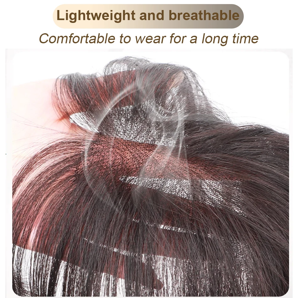Topper per capelli umani veri al 100% con frangia, base in seta, 3 clip, capelli lisci castani per donna, extension per capelli - immagine 2