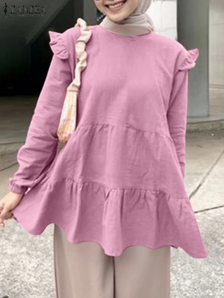 

ZANZEA Fashion Party Muslim Blouse Autumn Woman Casual Shirt Long Sleeve Solid Tops Elegant Party Layered Chemise Oversized 2023