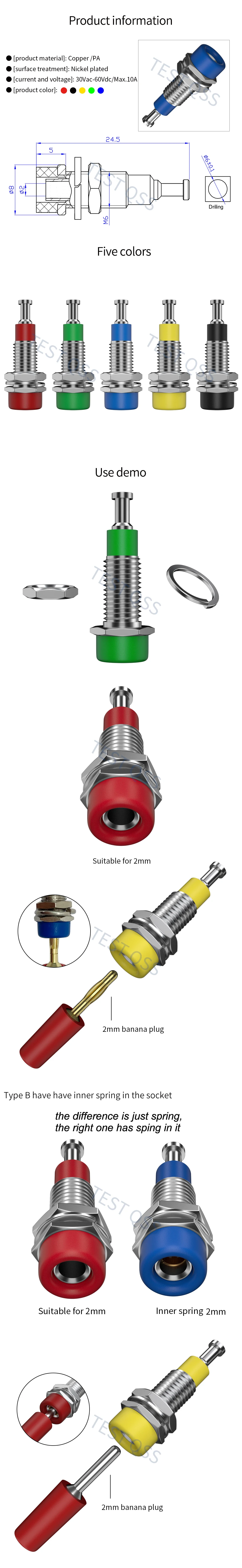 Description Picture 2 of itemQSS 10PCS 2MM Banana Socket Binding Post Nut Banana Plug Jack Electrical Connector Terminal Test Hole DIY Parts Q.40006