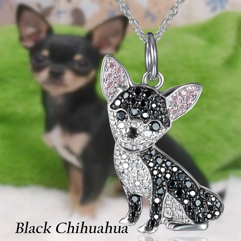 Collier pendentif Chihuahua noir pour femme, oreille rose mignonne exquise, bijoux élégants pour animaux de compagnie, accessoires pour chiots, cadeau pour les amoureux des chiens 1