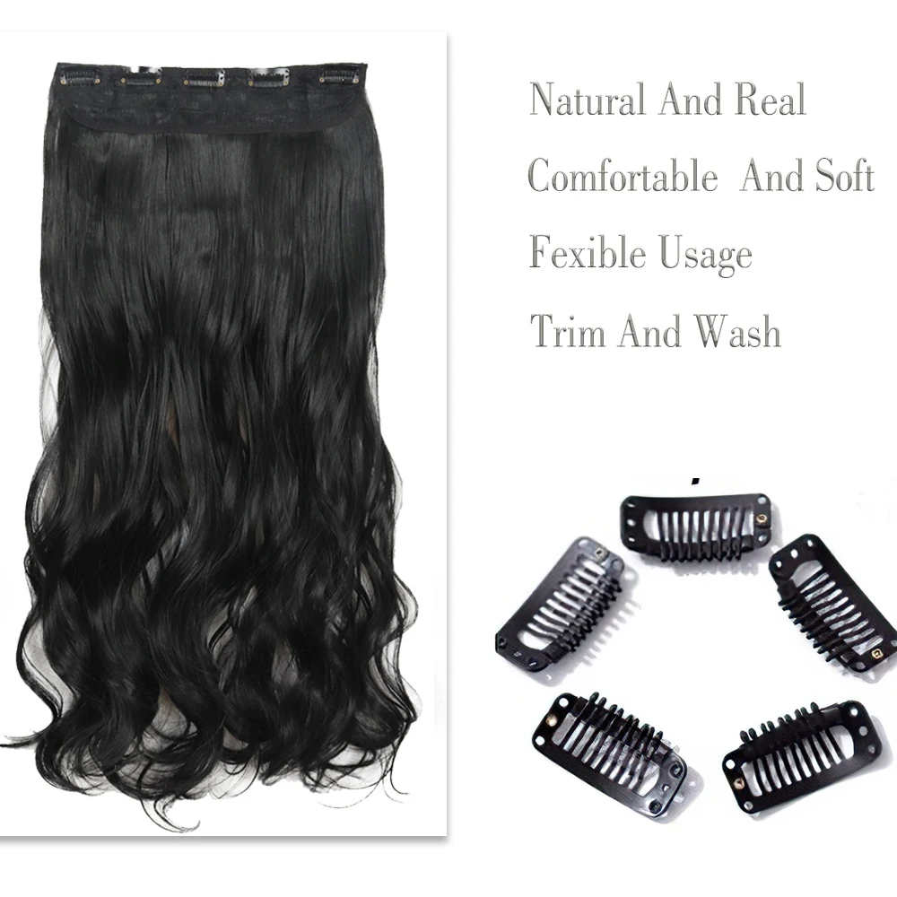 Long Wavy 5 Clip In Hair Extensions Synthetic Fiber Hairpieces 22/32'' Black Blonde Mixed color False Hair Daily Use