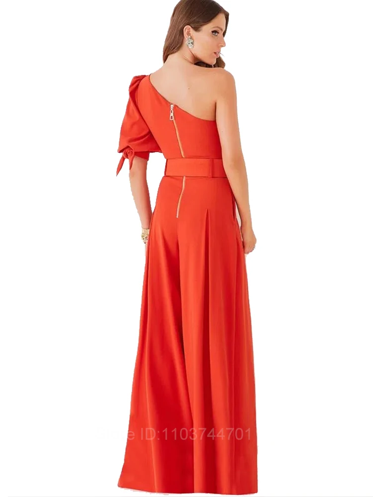 Customized High Quality Autumn Casual Jumpsuit One Shoulder Slash Neck Romper Full Length Jumpsuit Wide Legs With Belt