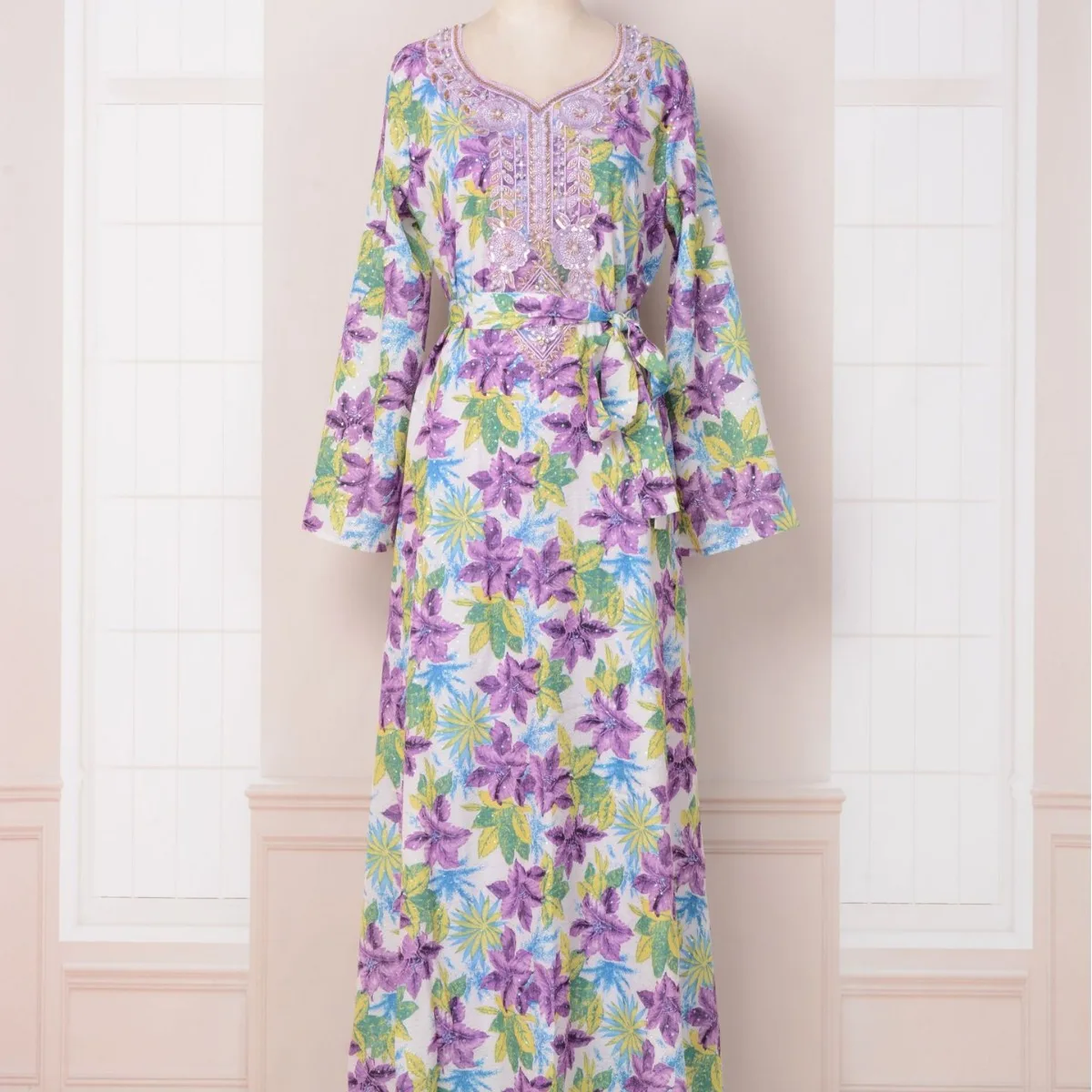 Abaya For Women Muslim Dubai Saudi Abaya Light Luxury Printed Beaded Robe Dress Ramadan Gurban O-neck Abaya Elegant Women