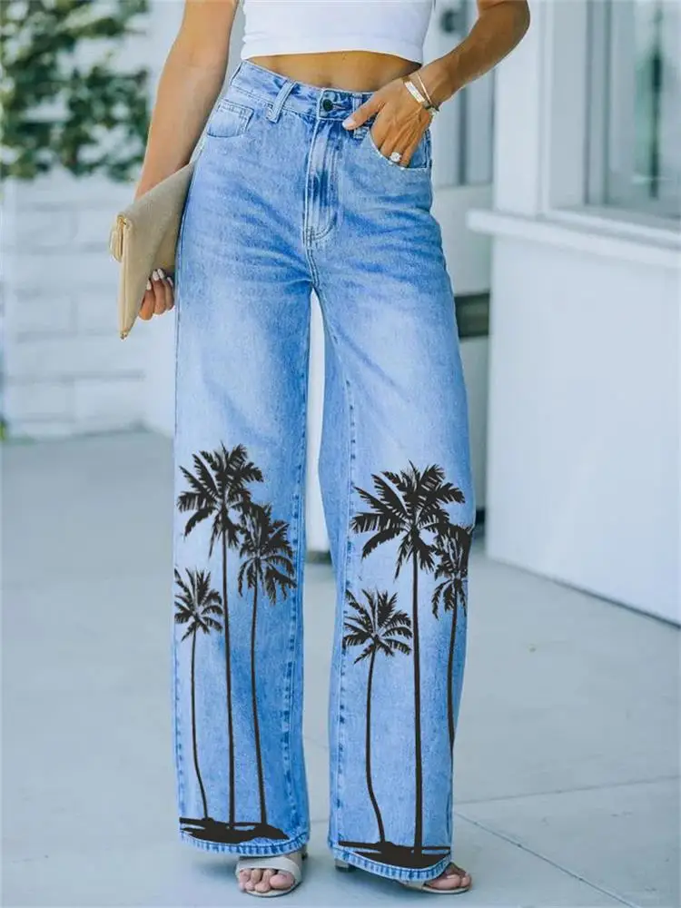 

Women's Jeans 2024 Spring And Autumn New Coconut Tree Print Renaissance Casual Plus-Size Pants