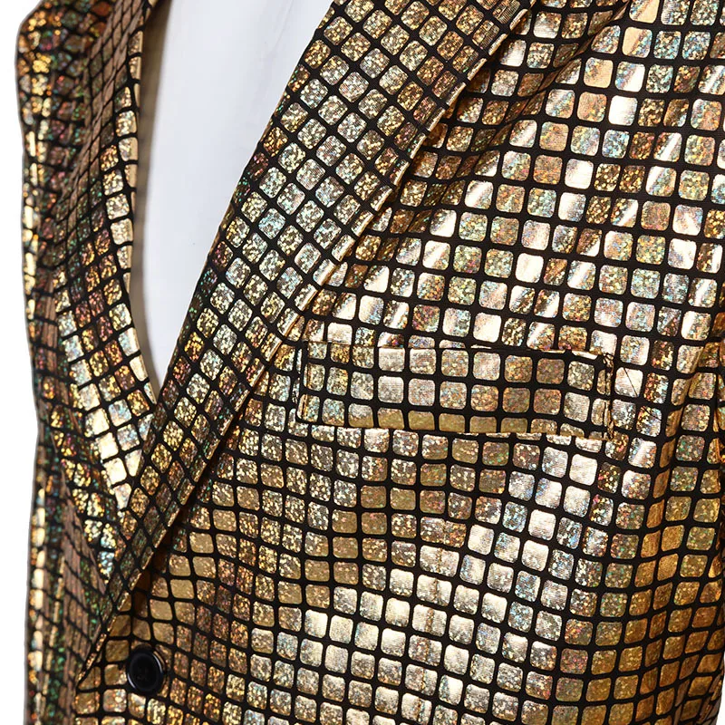 Men's Halloween Rainbow Grid Gold Silver Hot Stamping Stage Nightclub Cool Performance Shiny Suit Jacket + pants 2-piece Set