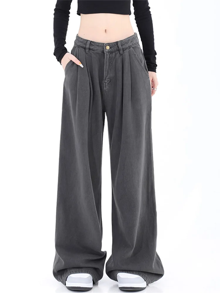 

Dark Grey Womens Jeans High Waist Vintage Straight Baggy Denim Pants Streetwear American Style Fashion Female Wide Leg Trouser