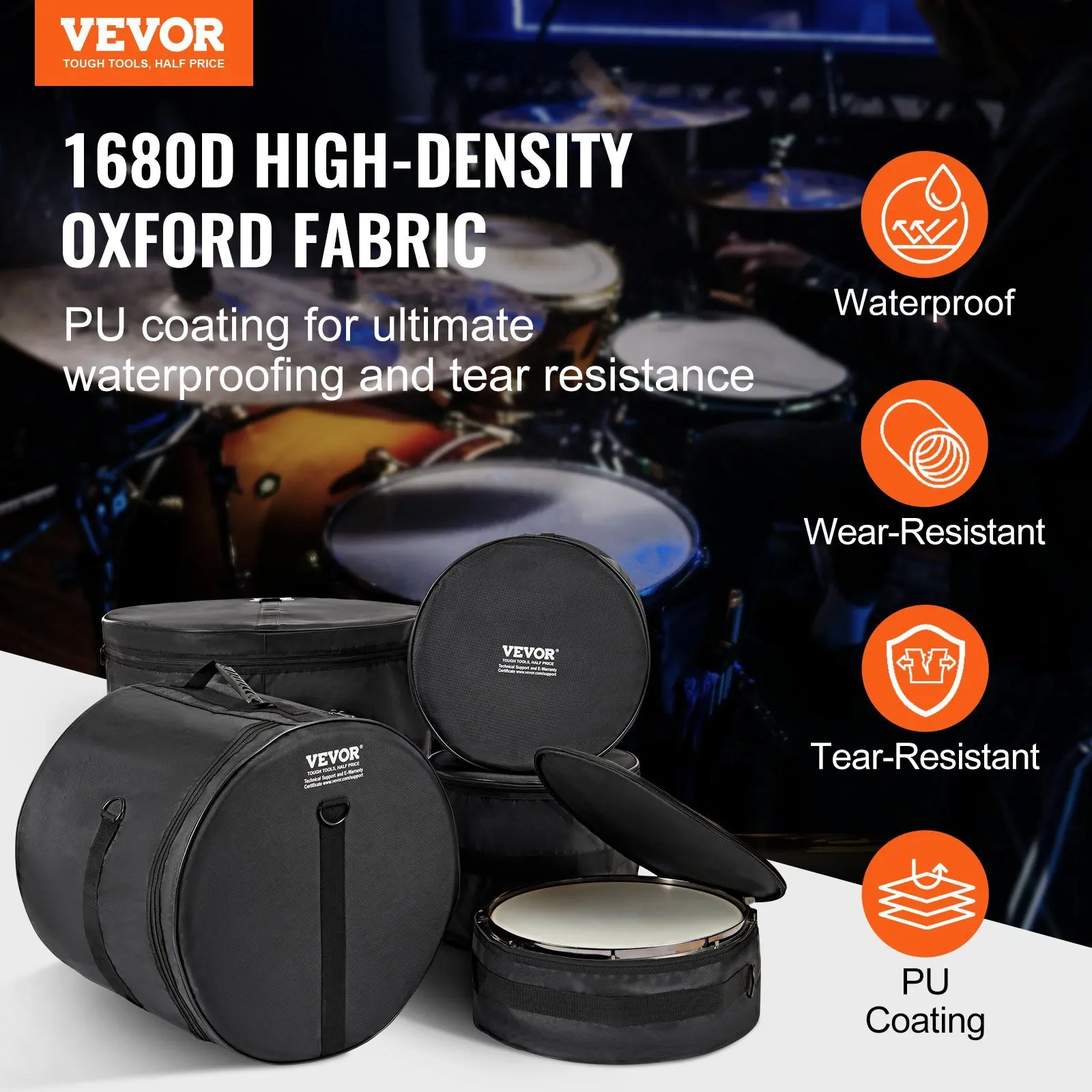 5-Piece Drum Bag Set, 1680D Oxford Fabric, Padded Drum Bags and Cases with 4.92 ft Detachable Shoulder Strap Carry Handles 2