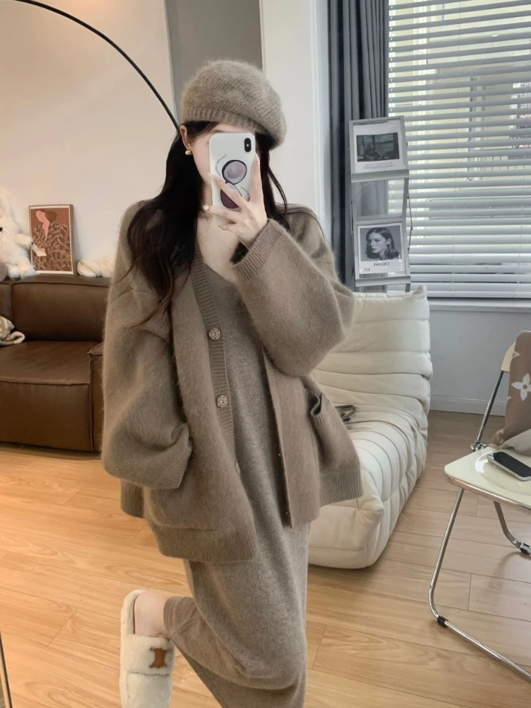 

Korean Women Knitted Set Thick Slim Loose Cardigan Sweater + Spaghetti Strap Midi Dress Suit Autumn Winter Coat Two Peice Sets