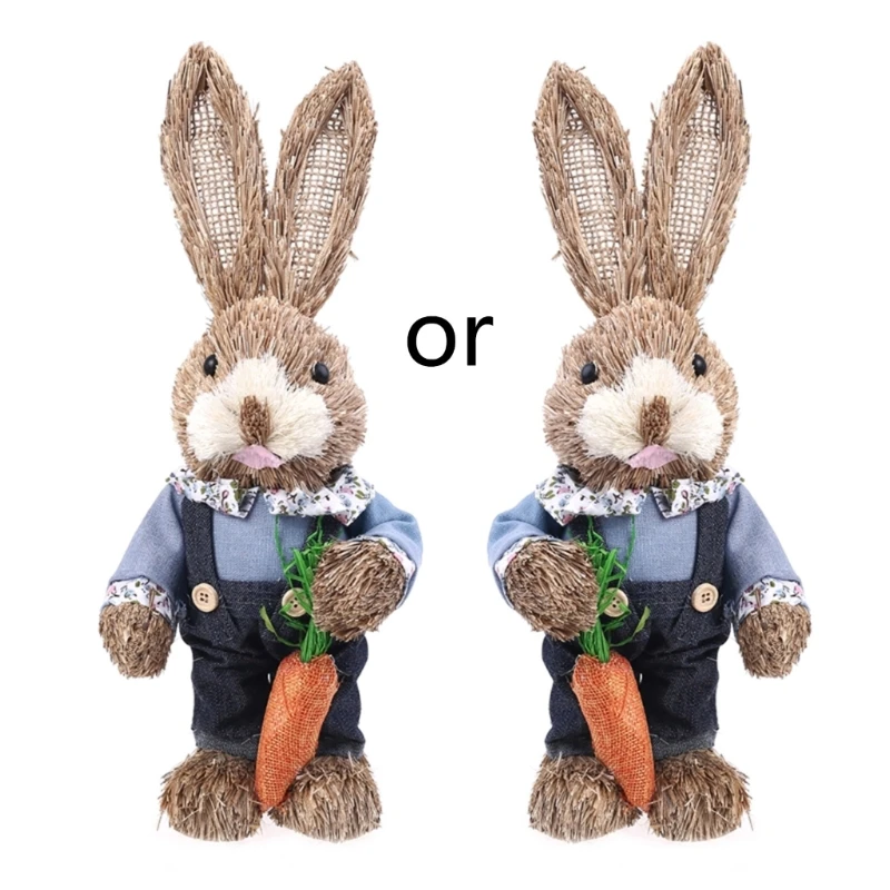 

14" Artificial Straw Bunny Standing Rabbit with Carrot Home Garden Decoration Easter Theme Party Supplies