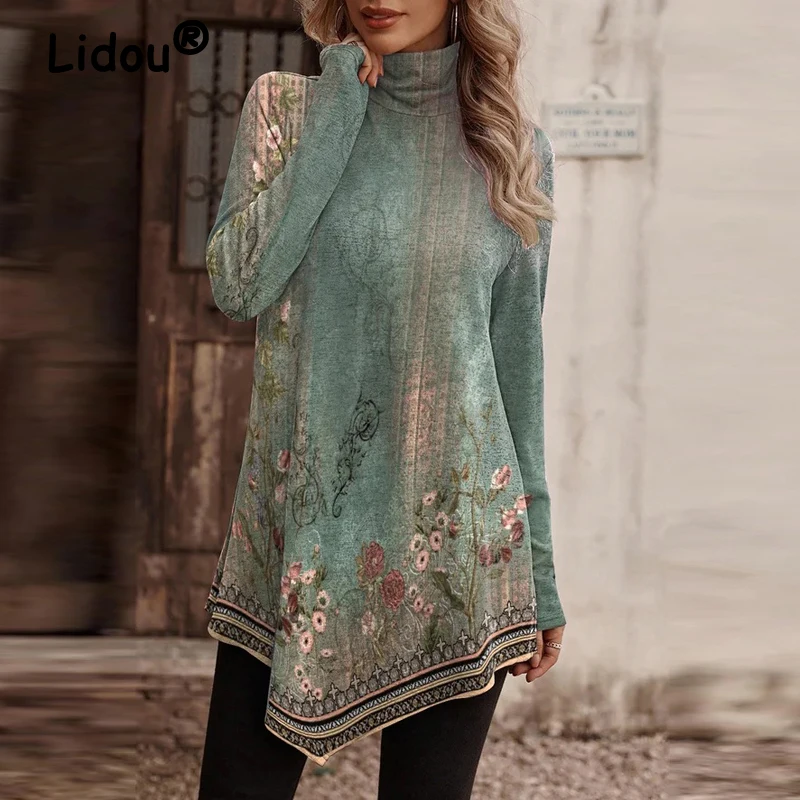 

Women Vintage Clothes Boho Style Print High Collar Irregular T Shirt Autumn Winter Female Long Sleeve Elegant Fashion Loose Tops