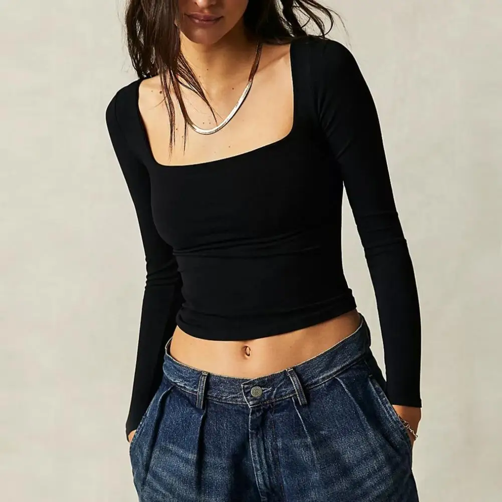 

2023 Fashion Women Blouse Top Low-cut Square Neck Slim Fit Long Sleeve Elastic Solid Color Waist-exposed Lady Blouse blusas
