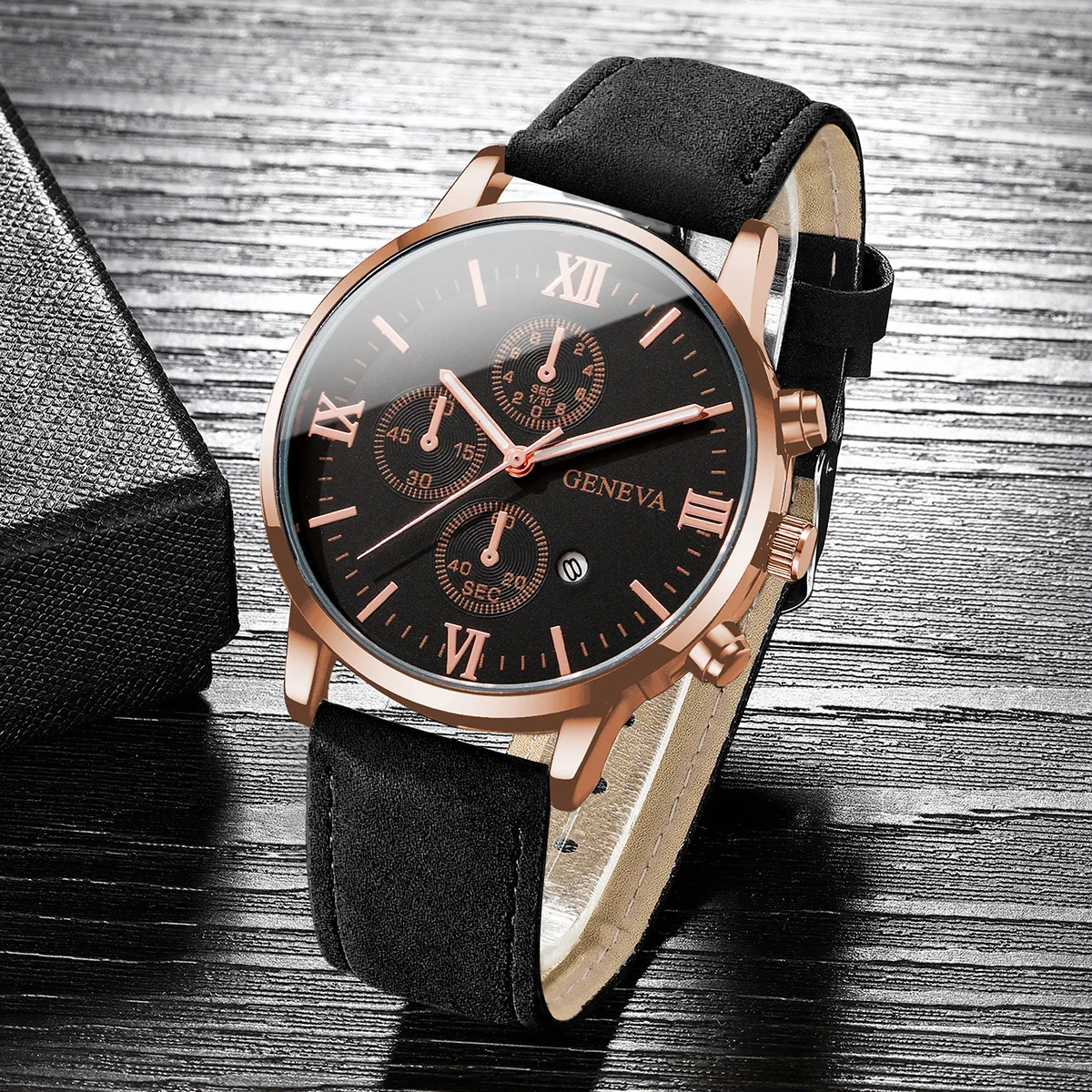 2PCS/Set Men Business Watches Fashion Roma Dial Date Watch Leather Band Quartz Wristwatches Relogios Feminino（Without Box） 4