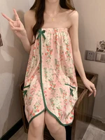 Sexy Rose Print Cotton Batobe Women's Che Nightgown with Headscarf Home Clothes Bla Strapl Towel Length Mid-Thigh - Image 2