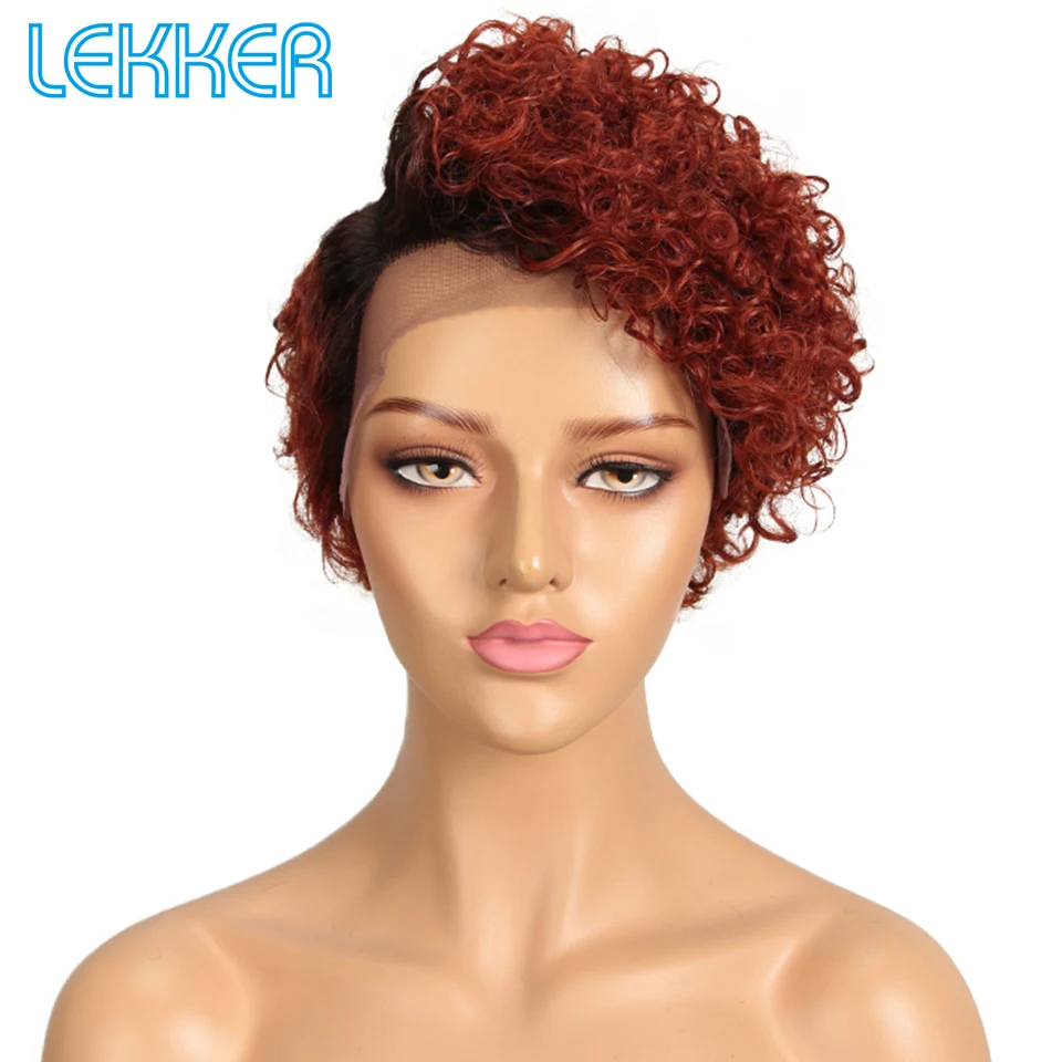 Lekker Ginger Red Short Pixie Kinky Curly Bob 13x6x1 Lace Front Human Hair Wig For Women Brazilian Remy Hair Glueless Curly Wigs